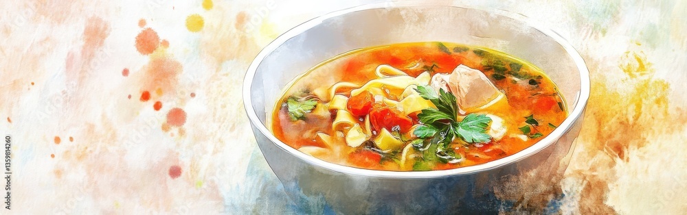 Aufkleber close-up view of a vibrant bowl of noodle soup with fresh vegetables and herbs presented on a colorf