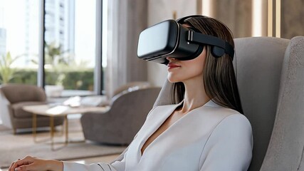 A modern woman wearing a virtual reality headset sits in a sleek living space. Concept of futuristic technology and immersive experiences at home.