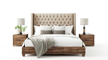 Modern spacious bedroom, upholstered bed with tufted headboard, rich wooden nightstands, soft neutral tones, vivid lighting enhancing textures, wide-angle corner view, 3D render. 