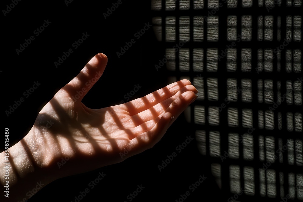 Poster hand with shadow patterns against dark background with light play