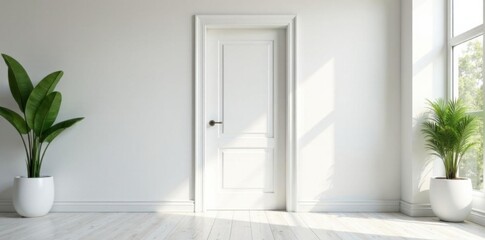 Close-Up Shot Of White Wooden Doors In Modern Interior, minimalist doors, white wooden doors