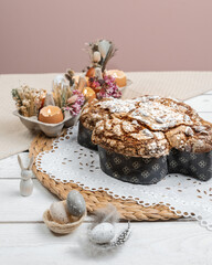 Colomba - Italian traditional Easter bread is topped with pearl sugar and almonds in the shape of a dove. Festive pastries are traditional in Italy.