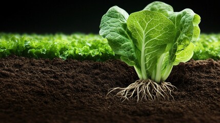 Freshly grown lettuce in rich soil; vibrant green leaves, healthy roots; vegetable garden background