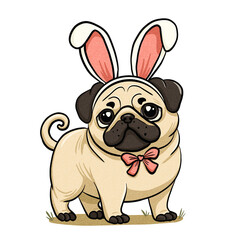 Cute dog of pug breed with a rabbit ears. It can be used for greeting card for Easter