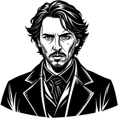 Classic Character Portrait: A striking black and white illustration of a handsome character, depicted with meticulous detail and dramatic lighting, evoking a sense of timeless elegance and intensity.