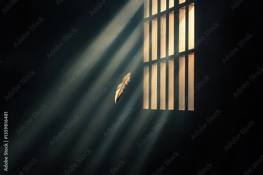 Poster light rays through prison bars with feather floating in air
