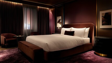 Refined bedroom interior, deep-toned walls, king-sized bed with soft velvet upholstery, dim warm lighting, and sleek furniture with metallic finishes, wide-angle side shot. 