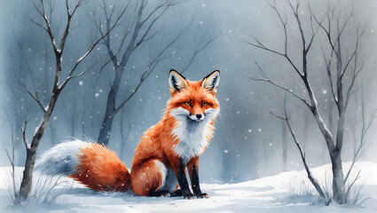 Fototapeta premium water colour painting of a red fox in snow