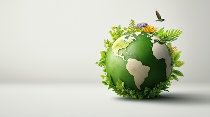 A vibrant green globe surrounded by lush plants and flowers, symbolizing environmental sustainability and nature's beauty.