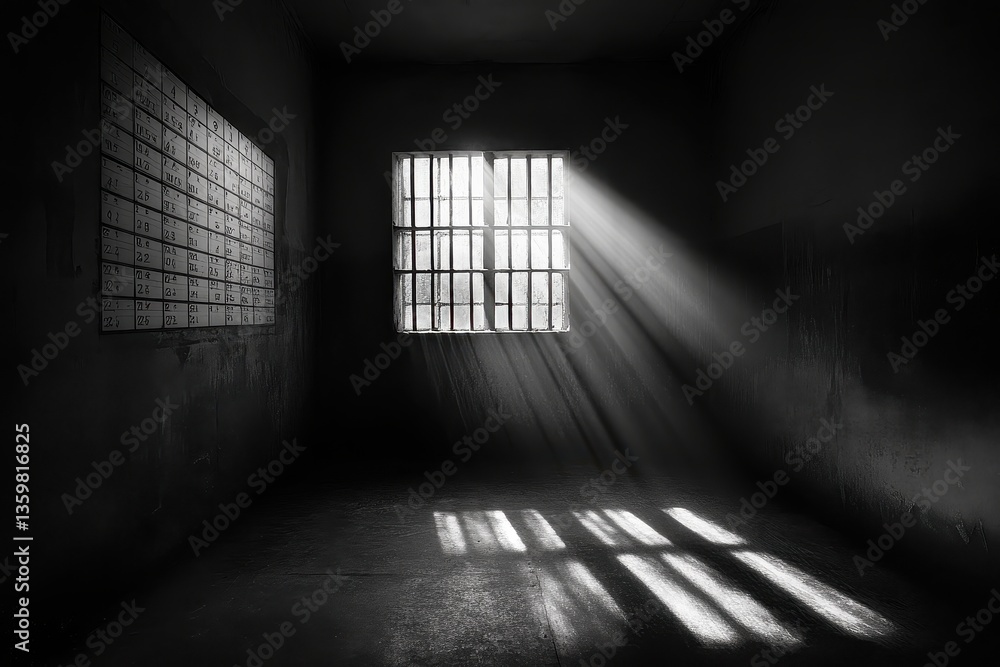 Poster light streaming through bars in dark room with textured walls