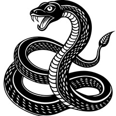 Fototapeta premium Serpent's coiled posture: A powerful illustration of a serpent, meticulously rendered in stark black and white, embodying the animal's strength and striking presence.