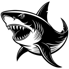 Fototapeta premium Intense Shark Gaze: A black and white illustration of shark displaying its fierce teeth, creating a striking contrast and conveying a sense of power and danger.
