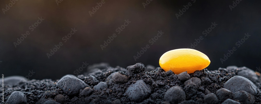 Poster a vibrant yellow object sits on a textured black surface, creating a striking contrast in color and 