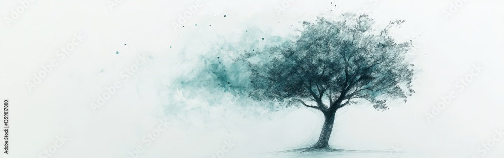 Poster minimalist silhouette of a tree captured in delicate pencil strokes with a soft watercolor backgroun