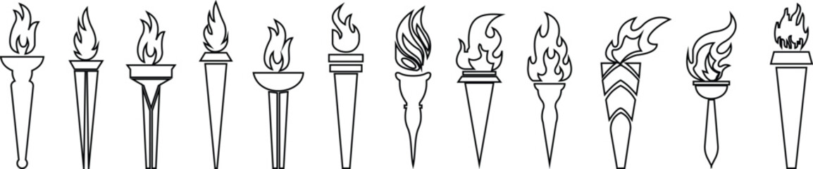 fire flame torch icon set vector art silhouette design Burn Fireball concept icon pack. Hot . Bonfire creative collection symbol of victory, success or achievement. transparent background