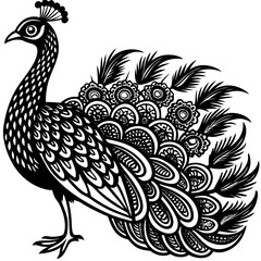 Fototapeta premium Ornate Peacock Illustration: A detailed black and white illustration of a peacock, showcasing intricate patterns and ornate feather details. The peacock is depicted in profile.