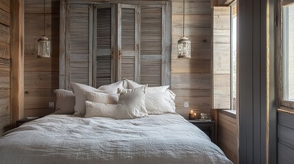 Rustic bedroom, plank walls with a vintage shutter headboard, soft French linen duvet, wooden slats adding texture, warm lantern pendant light, wide-angle doorway shot. 