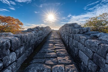 Fototapeta premium Ancient Stone Pathway Under Bright Sunlight and Blue Sky