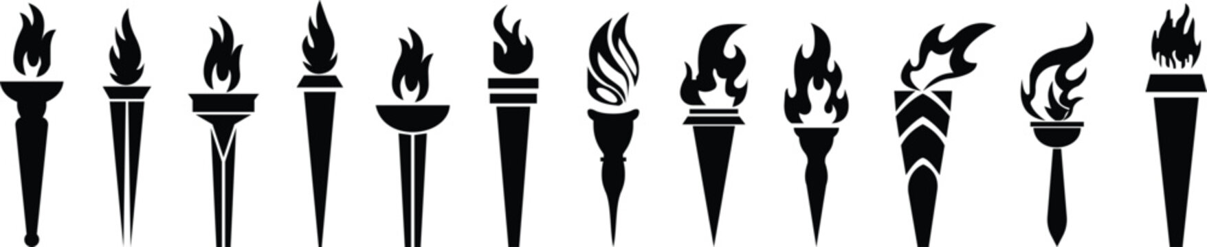 fire flame torch icon set vector art silhouette design Burn Fireball concept icon pack. Hot . Bonfire creative collection symbol of victory, success or achievement. transparent background
