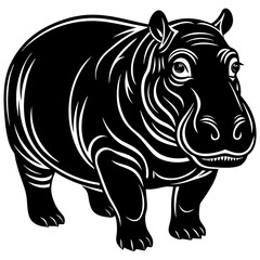 Fototapeta premium Majestic Hippo Portrait: A striking black and white illustration of a hippopotamus, its form rendered with intricate detail. Perfect for educational materials or creative projects.