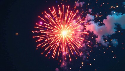 Fototapeta premium Colorful fireworks explosion in mid-air with intricate shape burst , night sky, fireworks