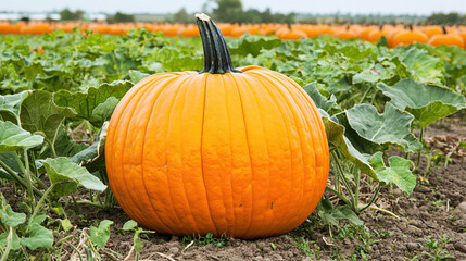 Obraz premium vibrant orange pumpkin sits prominently lush green pumpkin patch, showcasing its size and texture amidst surrounding foliage