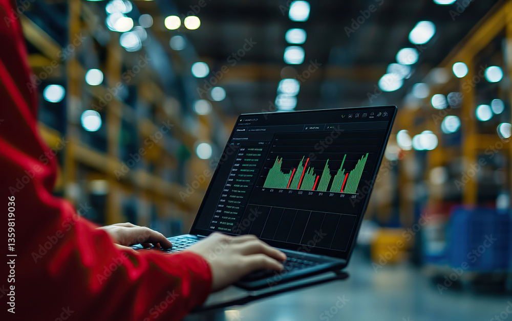 Poster person using laptop to analyze data in warehouse, showcasing vibrant display of graphs and metrics