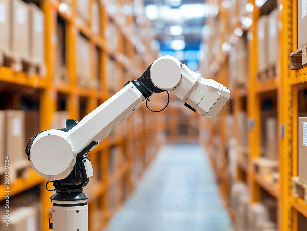 Poster automated robotic arm in warehouse setting, efficiently handling packages and enhancing logistics op