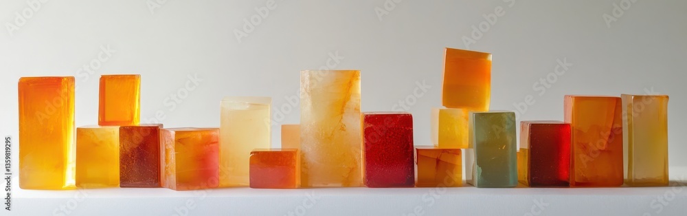 Aufkleber Minimalist display of fragmented amber and coral grids arranged on a neutral surface