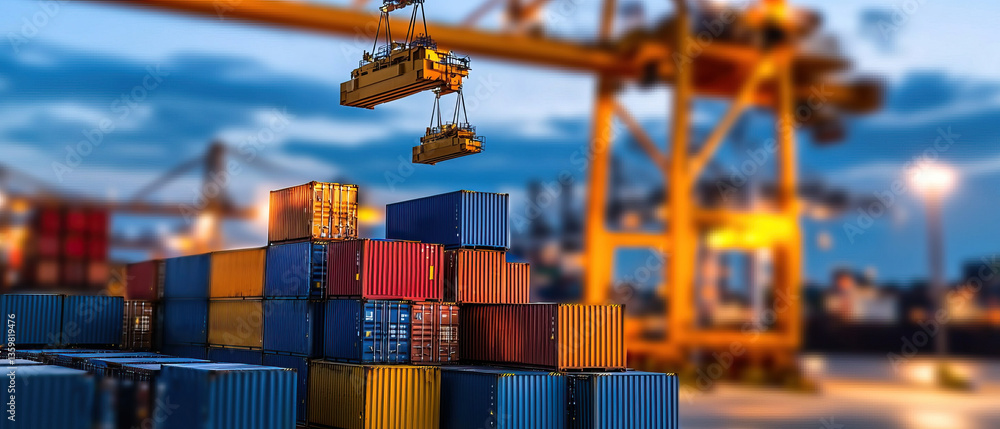 Poster efficient cargo handling busy port with colorful shipping containers stacked high, showcasing indust
