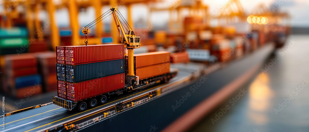 Poster efficient cargo handling at busy port with cranes and containers, showcasing logistics and transport