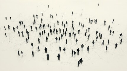 Aerial view of a diverse crowd of people interconnected by lines, symbolizing community and interaction in a minimalistic setting