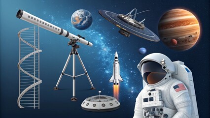 Naklejka premium A stunning set of 20 high-quality 3D science and space exploration icons with detailed textures and cinematic lighting. Icons include a telescope, astronaut helmet, satellite, Mars rover, space statio