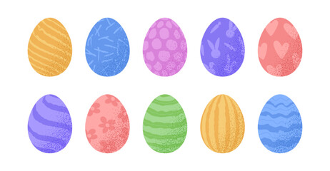 Easter egg set. A collection 10 designed Easter eggs showcasing vibrant colors and retro patterns. The grunge and textured style adds a trendy, ideal celebrations and branding. Vector illustration