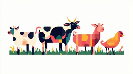 Minimalist geometric illustration featuring cows, pigs, and chickens in vibrant colors and modern design style Generative AI