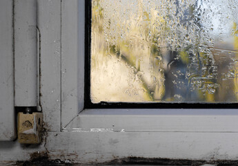 dampness on the wet glass of a window.