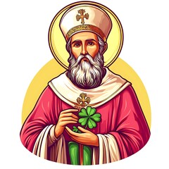 A religious cartoon depiction of a saintly man with a shamrock