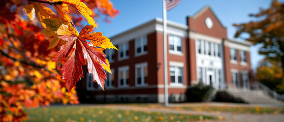 Classic red brick school building with white framed windows surrounded by vibrant autumn foliage, evoking nostalgic feeling