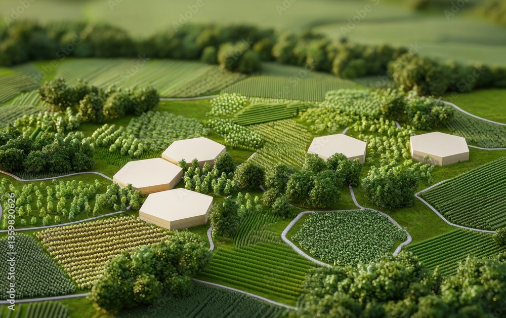 Poster aerial view of a landscape with hexagonal structures nestled among diverse green fields and trees. t