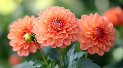 Three beautiful peach colored dahlias are in full bloom