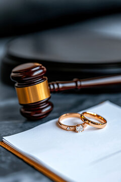 Divorce court scene with gavel and two wedding rings symbolizing end of marriage