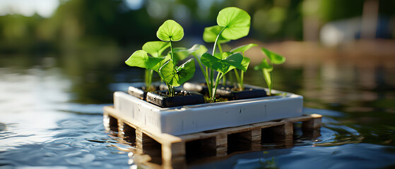 Naklejka premium Hydroponic plants growing on floating platform in calm water, showcasing sustainable agriculture and innovation