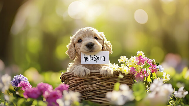 Happy spring celebration first day of spring with puppy outdoor garden nature joy