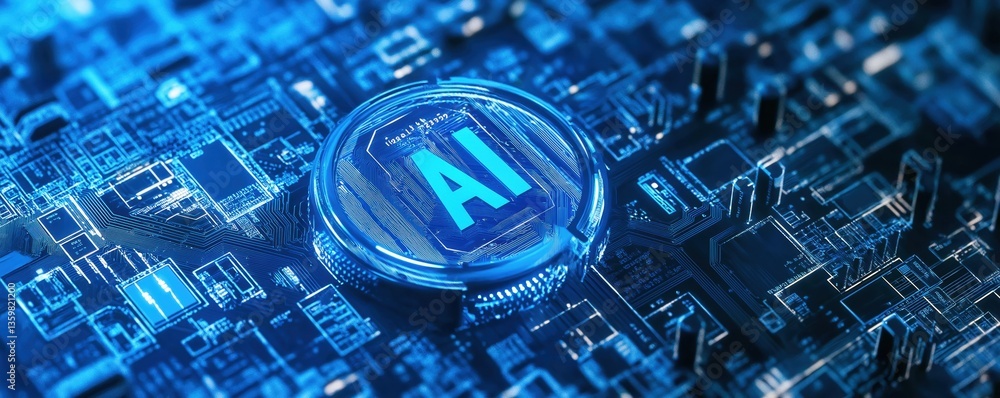 Poster a close-up view of a blue circuit board featuring an 