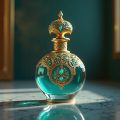 Luxurious Teal Perfume Bottle with Ornate Gold Cap
