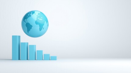 A stylized blue globe hovers above ascending blue bar graphs, symbolizing growth and global connectivity against a minimalist background.