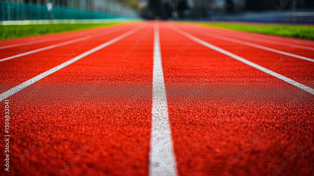 Poster a close up view of a red running track with white lines stretching into the distance on a sunny day