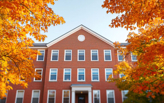 Old educational building framed by vibrant autumn trees, symbolizing learning and seasonal change