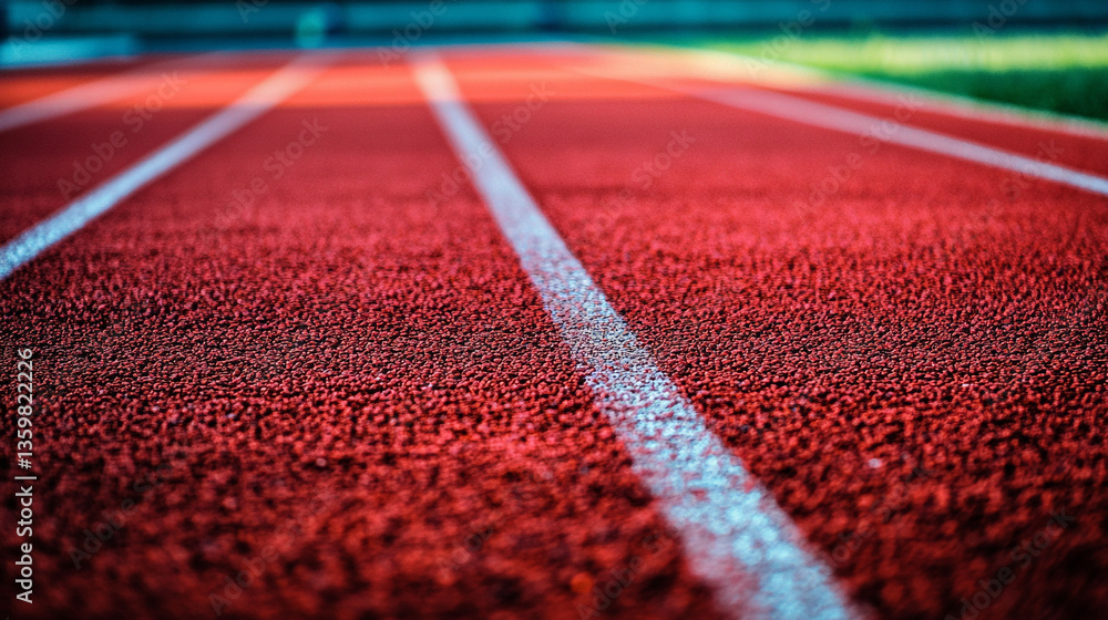 Aufkleber close up of a red running track with white lines showing lanes for athletes to run and compete in ra