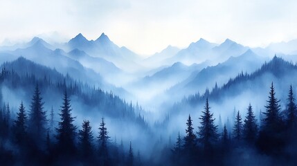 Obraz premium Serene Blue Mountain Range Softly veiled in mist. AI Generated
